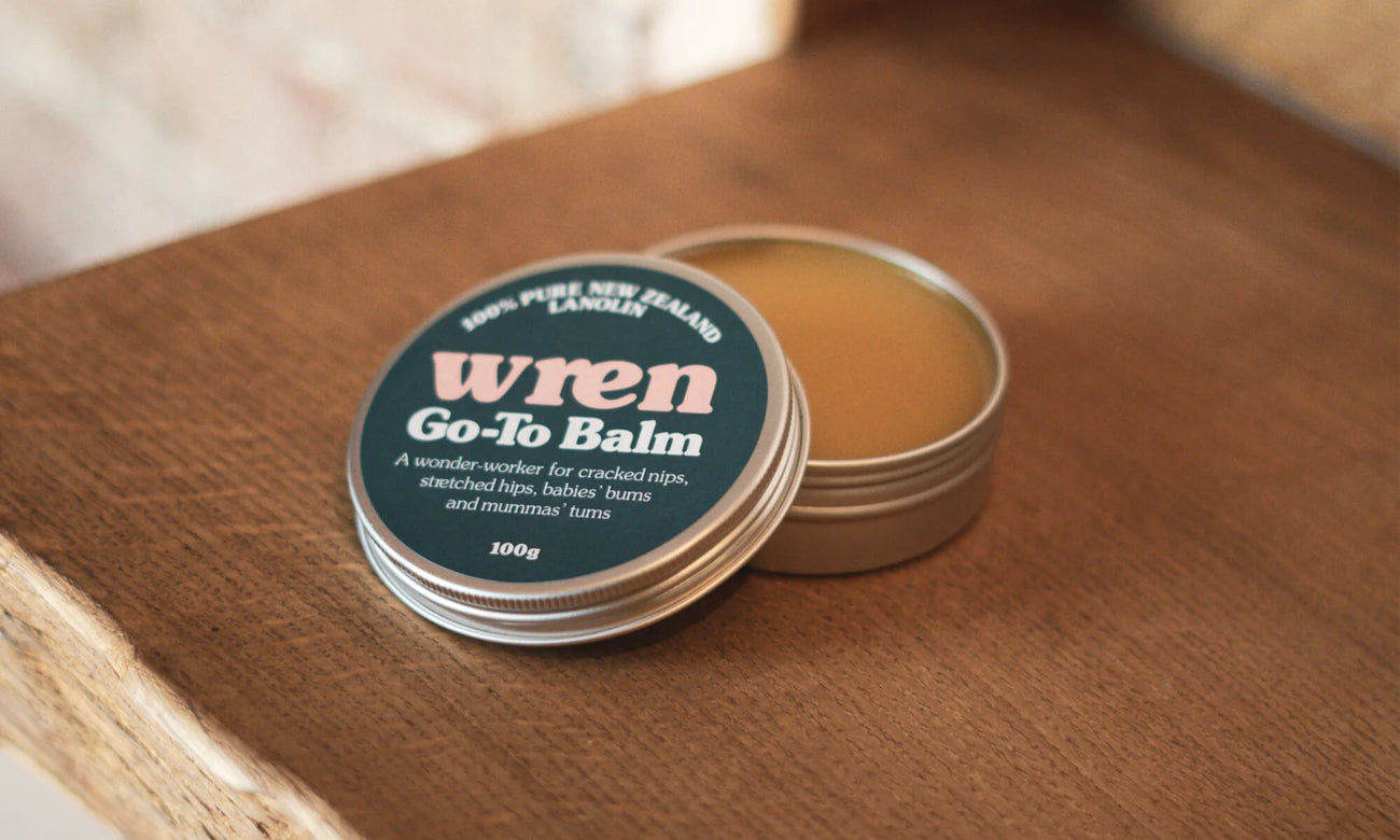 A tin of Wren's Go-To Balm Nipple Salve