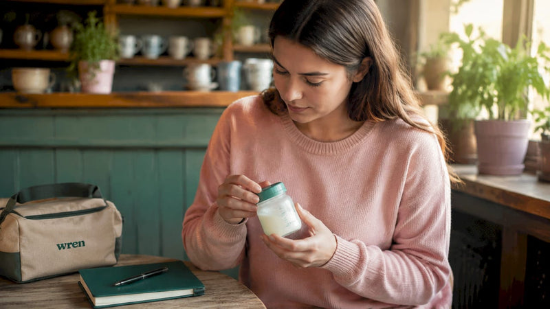 Mother examining stored breast milk container at home
