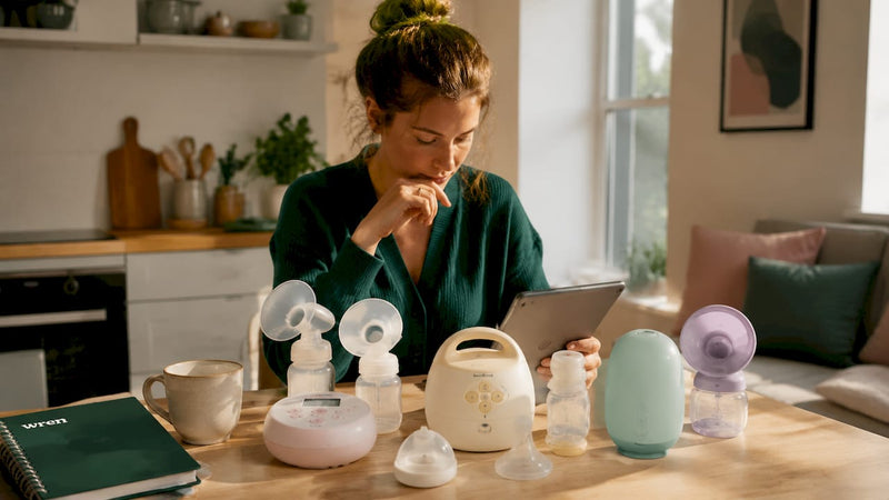Mother comparing breast pumps at home table
