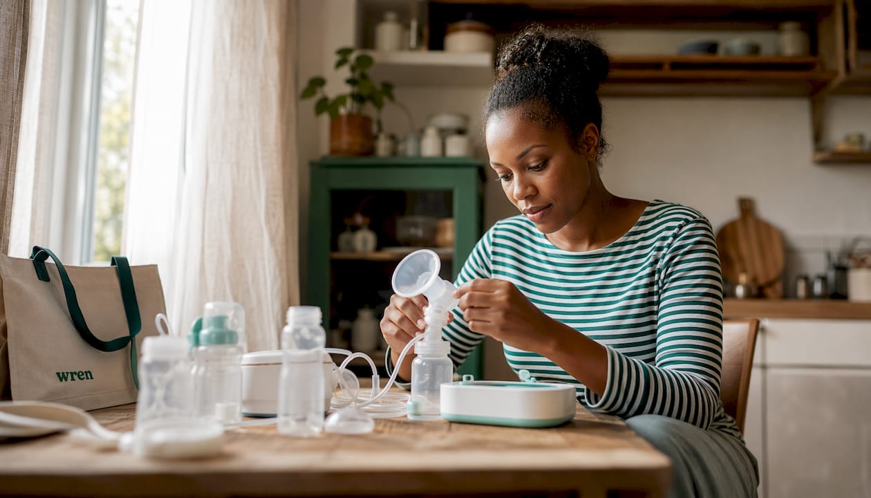 Mother assembling electric breast pump at home
