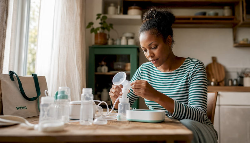 Mother assembling electric breast pump at home