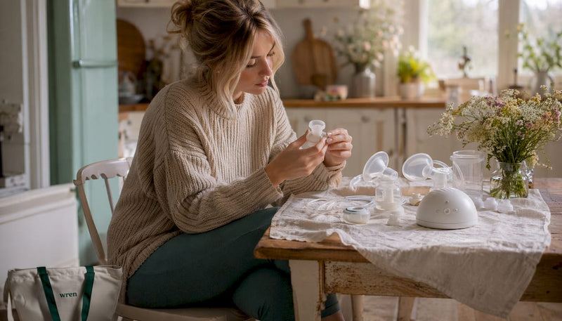Mother inspecting breast pump parts at home