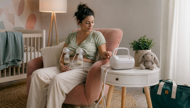 Mother using hospital-grade breast pump on sofa