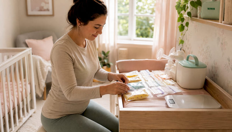 Parent sorting breast milk storage bags in kitchen