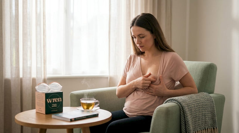 Mother examining nipple during breastfeeding