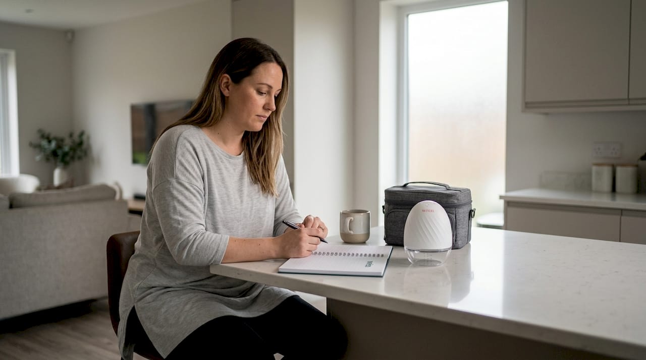 Mother planning pumping schedule at home