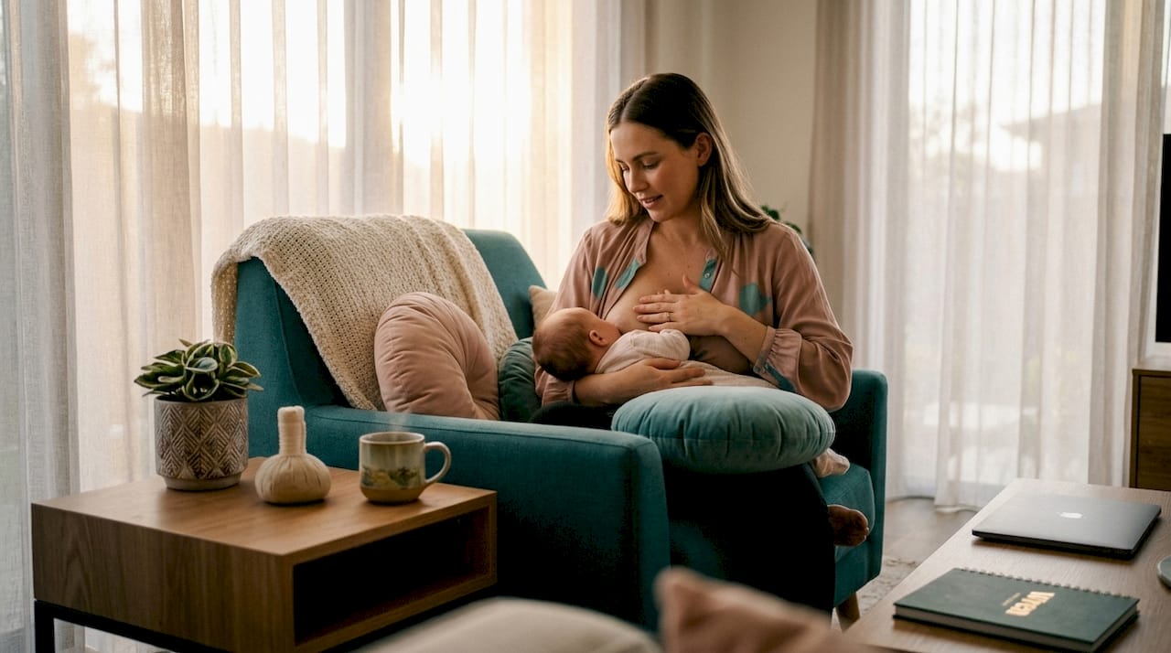 Mother massaging breast for clogged duct relief