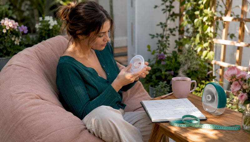 Mother examining breast pump flange carefully