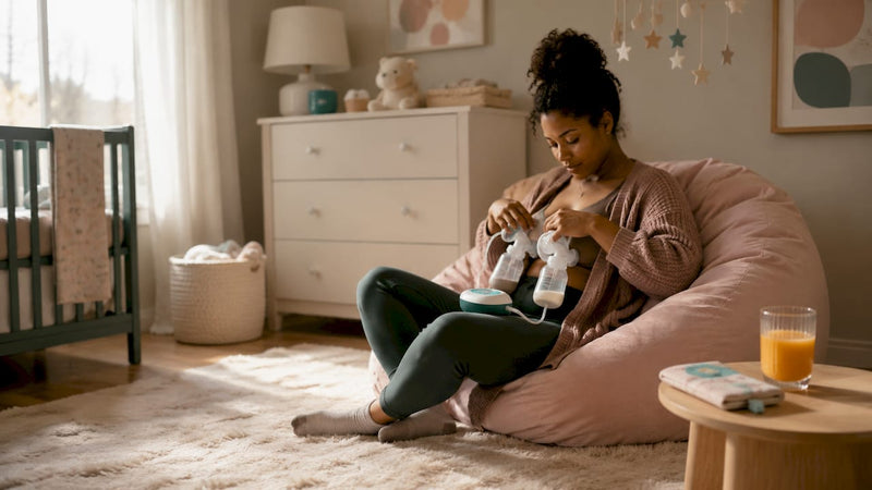 Woman using breast pump at home on sofa