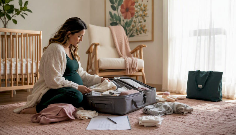 Pregnant woman packing hospital bag at home