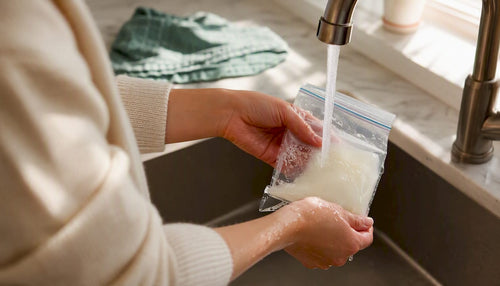 Parent thawing breast milk bag under warm water Featured Image