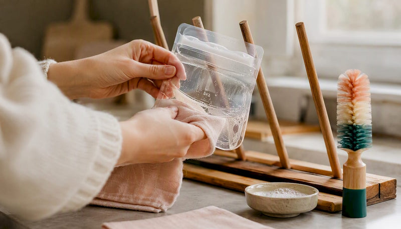 Hands drying reusable breast milk storage bag