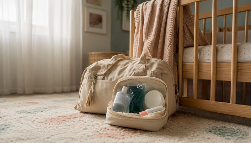 Hospital bag and postpartum care essentials laid out