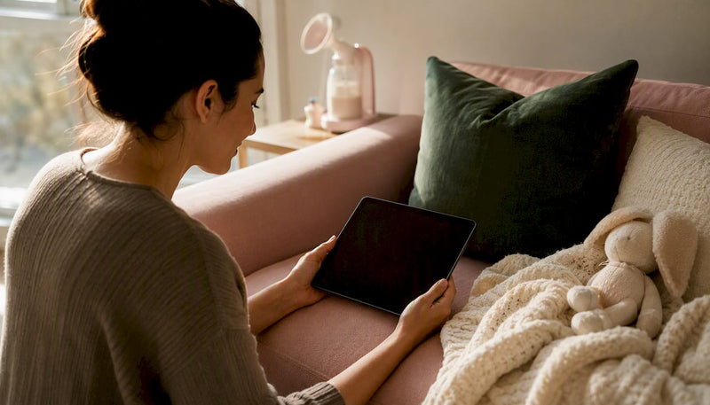 Mother logging baby's feed times on tablet