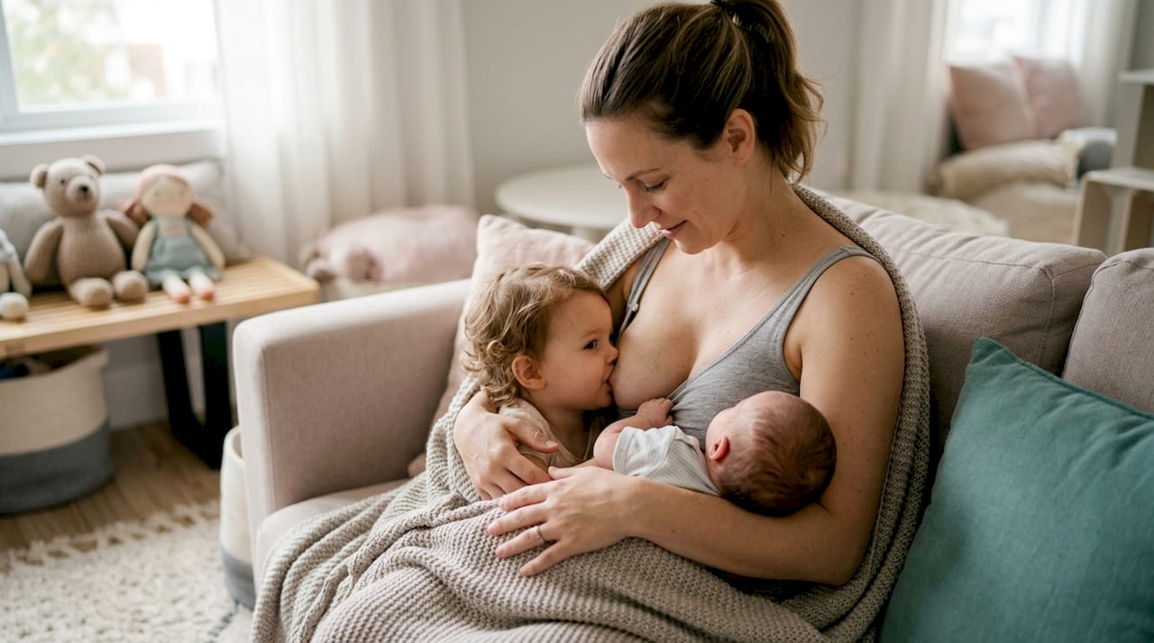 Mother tandem nursing newborn and toddler simultaneously