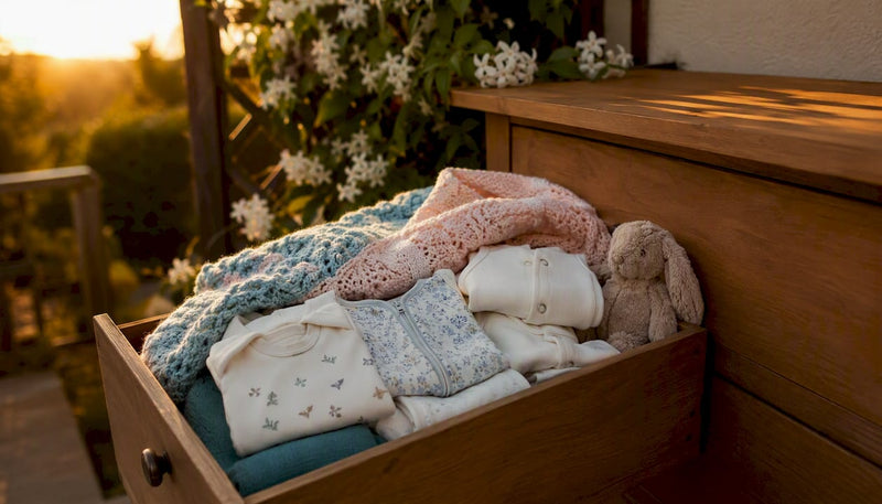 Folded newborn clothes in nursery drawer