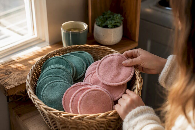 Laundry basket with folded reusable breast pads