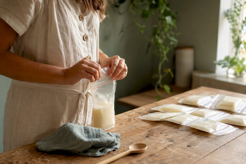Hands sealing breast milk storage bag in kitchen