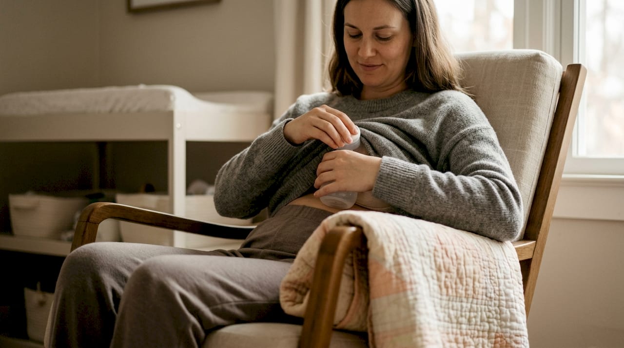 Mother pumping discreetly after breastfeeding at home