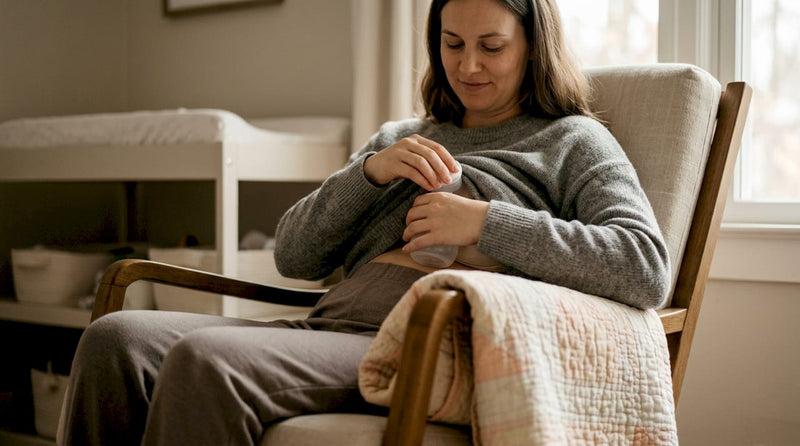 Mother pumping discreetly after breastfeeding at home