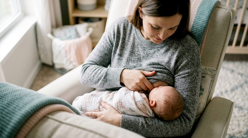 Mother adjusting baby's breastfeeding latch gently