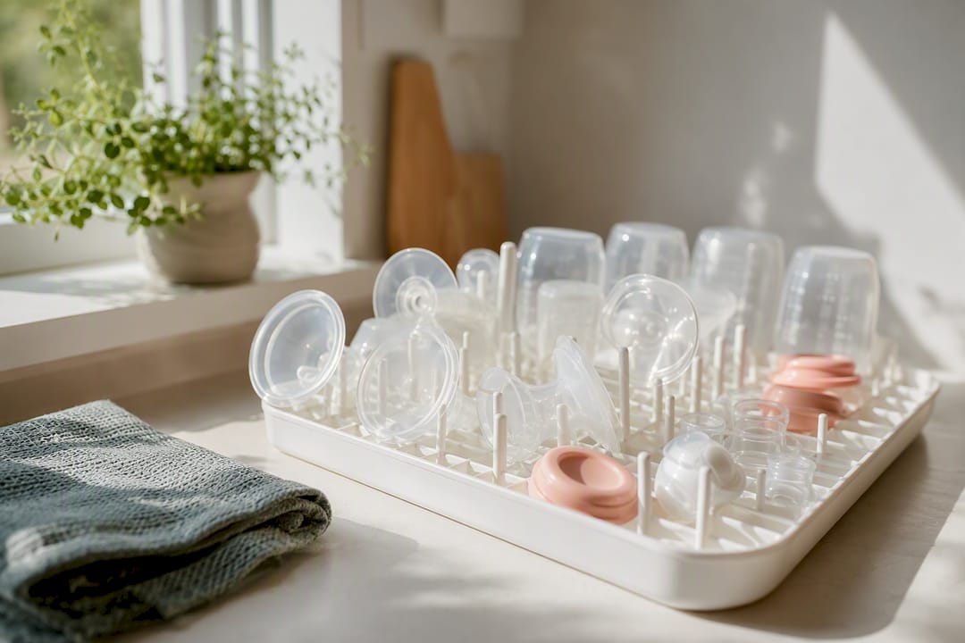 Breast pump parts drying on rack