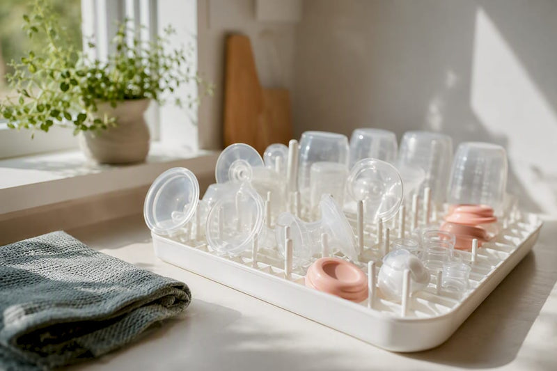 Breast pump parts drying on rack