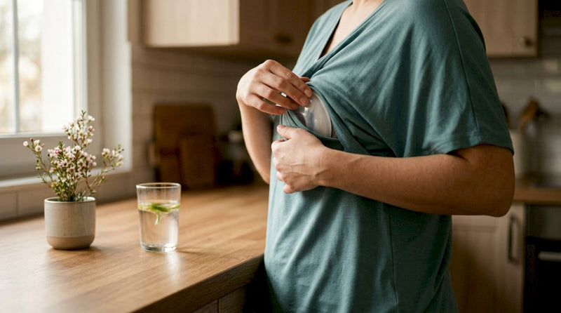 Mother adjusting wearable breast pump indoors