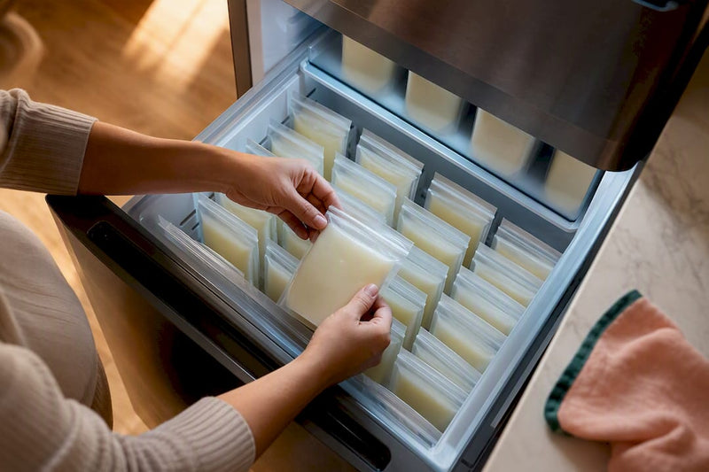 Sealed breast milk portions arranged in freezer