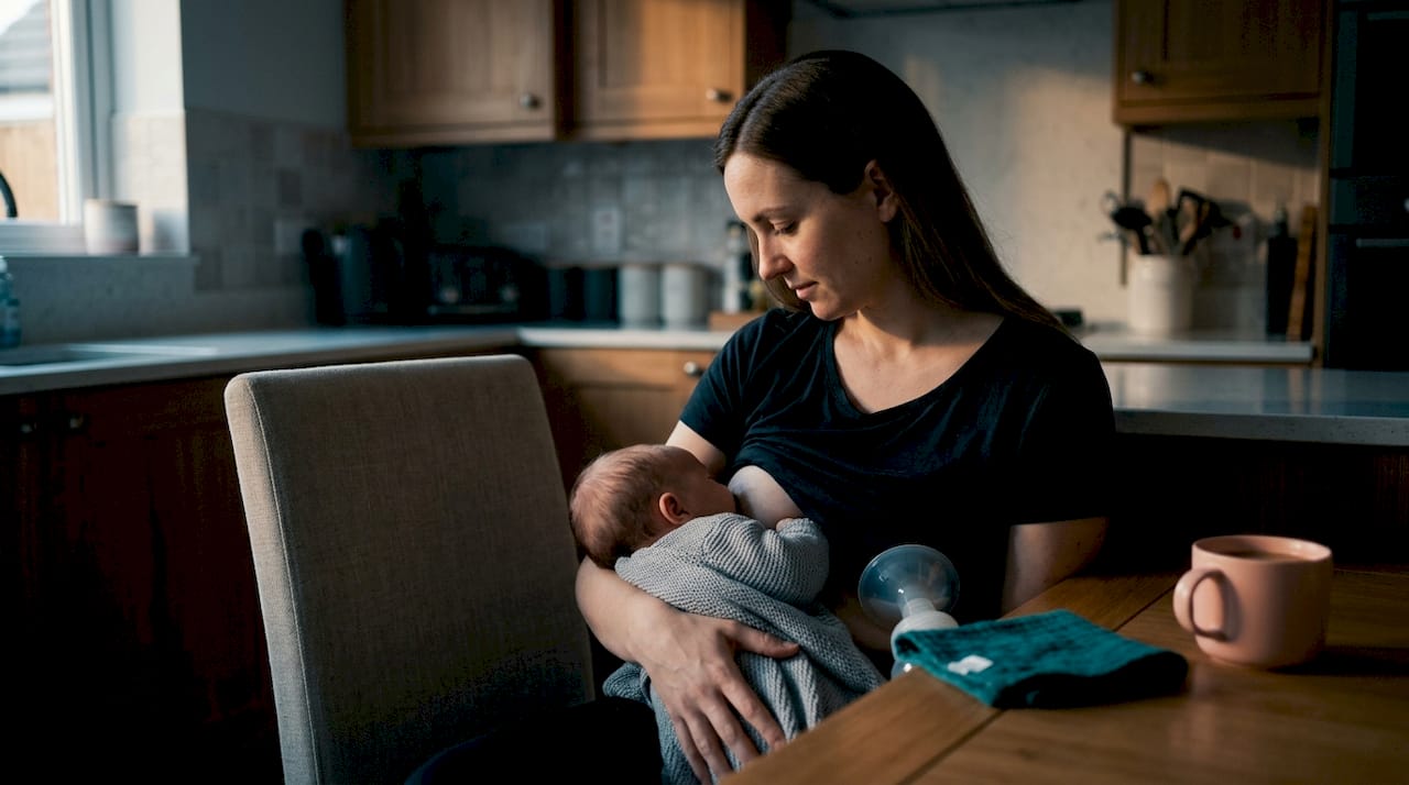 Mother nursing baby while expressing one breast