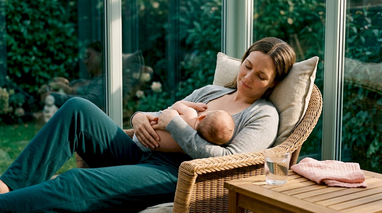 Mother using laid-back breastfeeding position