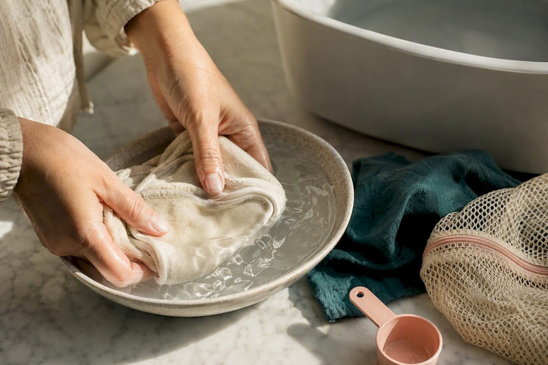 Hands rinsing reusable breast pads