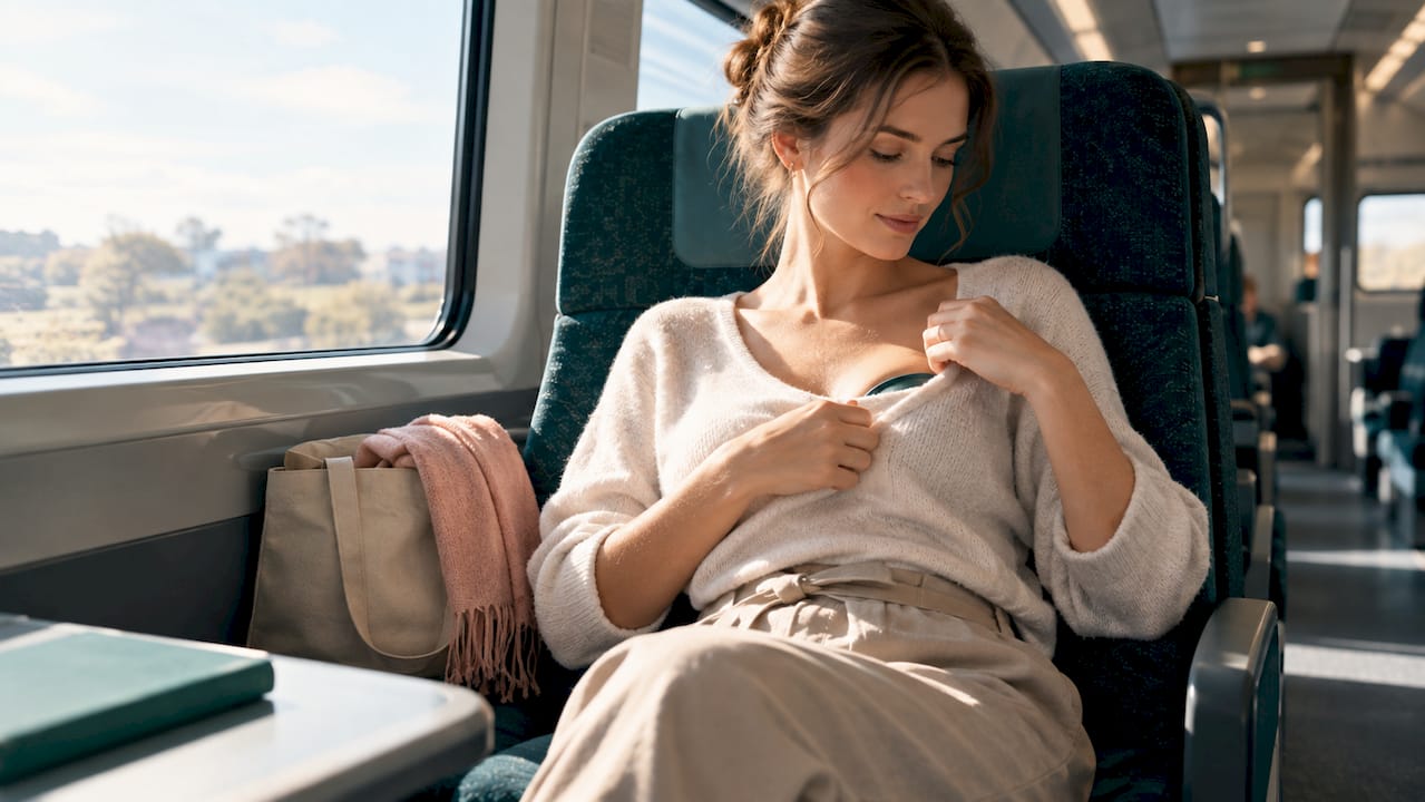 Mother discreetly pumping on a train