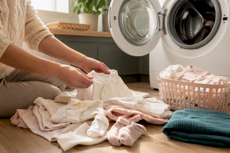 Hands sorting freshly washed newborn clothes