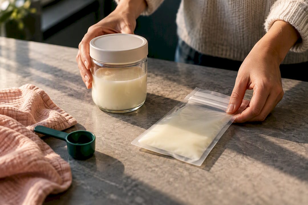 Glass container beside plastic milk storage bag