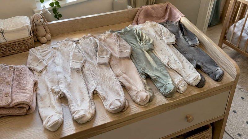 Six neutral baby sleepsuits on changing surface