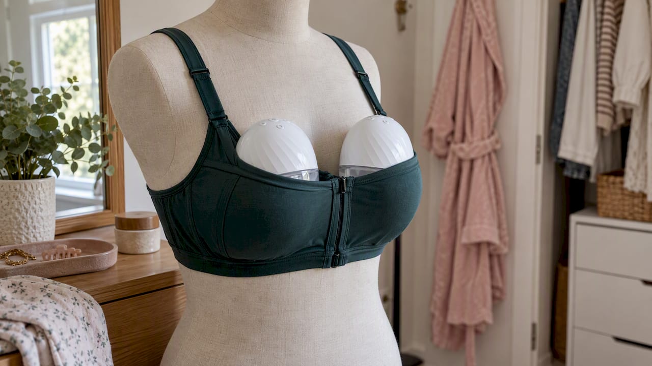 Mother preparing hands-free pumping session