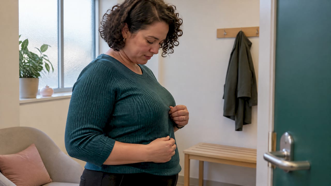 Mother checking wearable pump beneath teal knitwear
