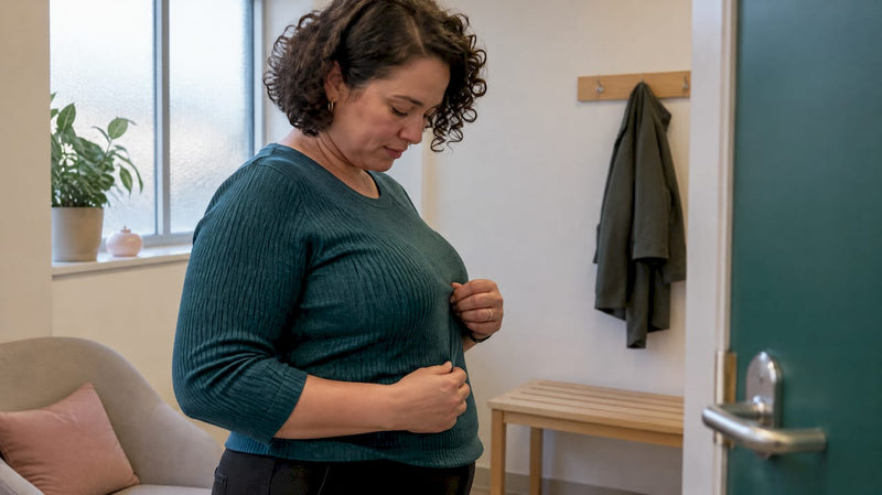 Mother checking wearable pump beneath teal knitwear