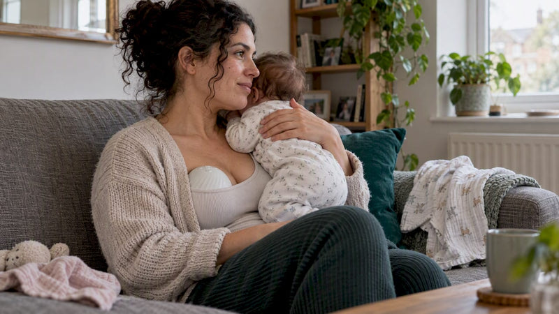 Mother caring for baby while using wearable breast pump
