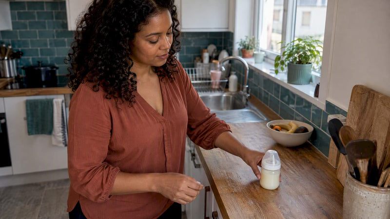 Expressed milk bottle on kitchen counter