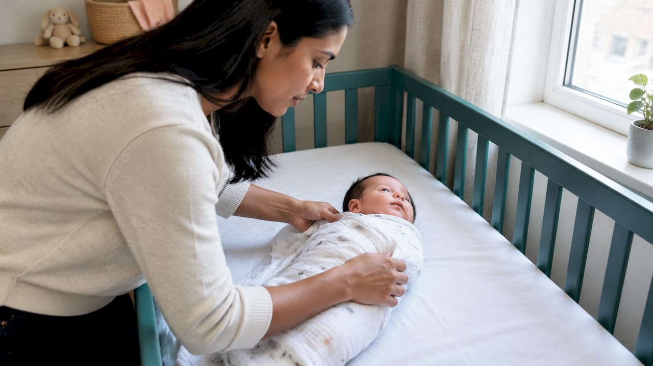 Mother wrapping newborn in lightweight muslin