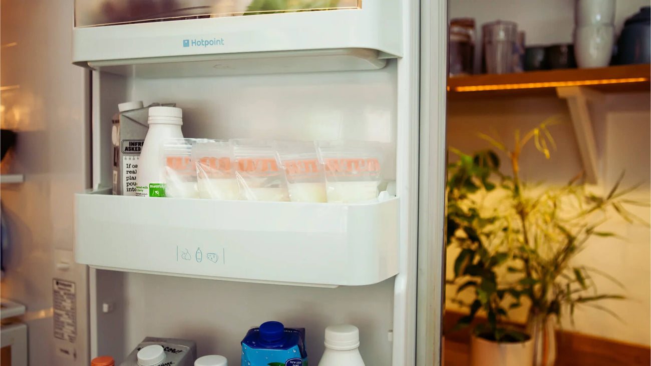 Breast milk storage bags inside a fridge